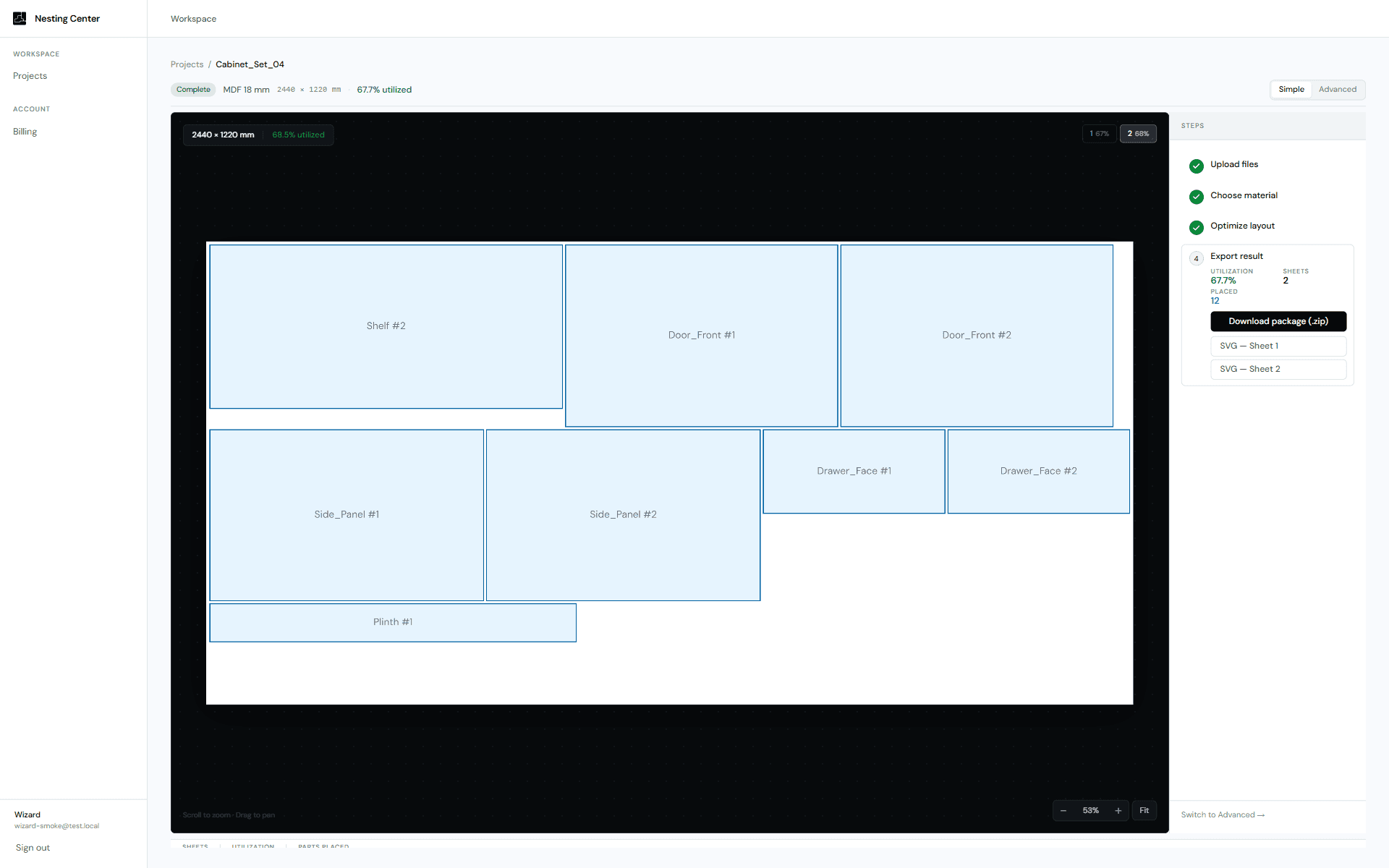 NestingCenter workspace with a completed cabinet nesting job: labeled parts placed on a 2440 × 1220 mm MDF sheet, 68.5% utilization, export panel with SVG and ZIP downloads